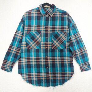 SSLR Womens Plaid Shirt Flannel‎ Oversized Long Sleeve Frayed Hem Teal Brown M